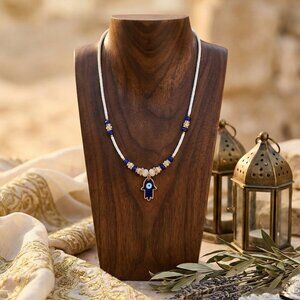Turkish Handmade Gold Plated Hamsa Evil Eye White Beaded Boho Layering Necklace